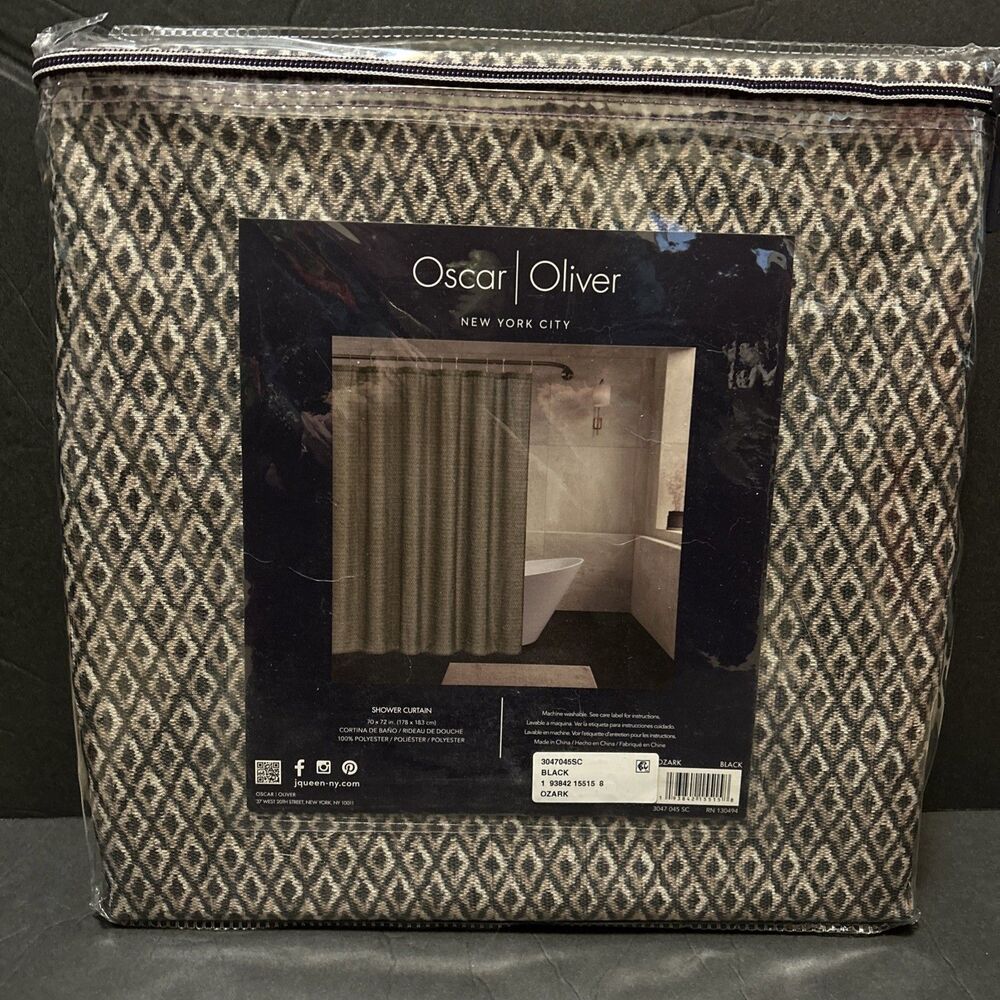 Oscar Oliver Ozark Shower Curtain Black Tan Geometric Diamond Pattern 70x72 NEW